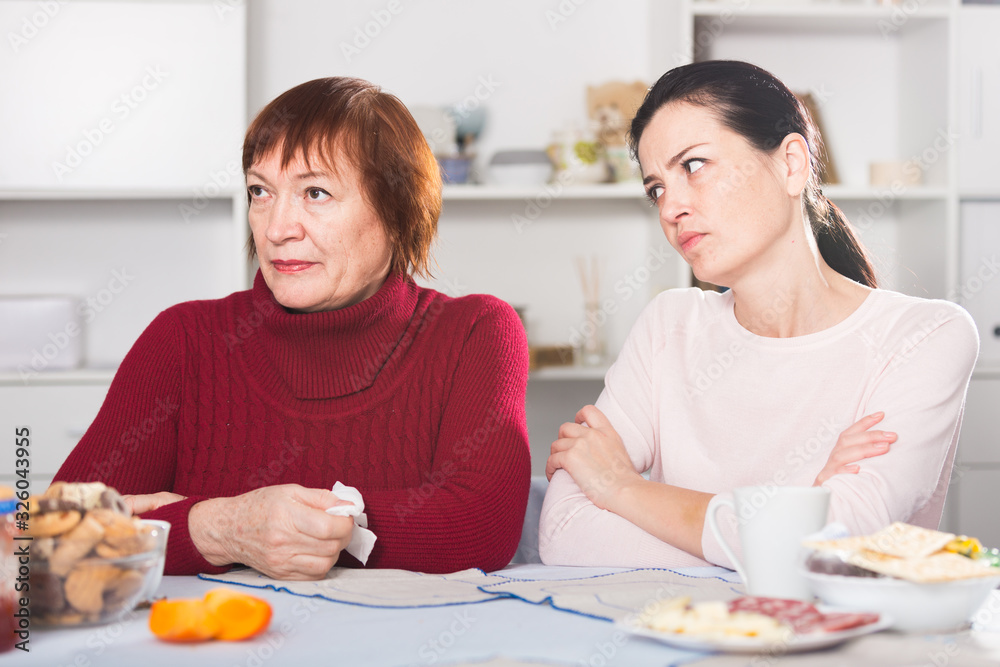 Unhappy adult female quarrel with daughter at table