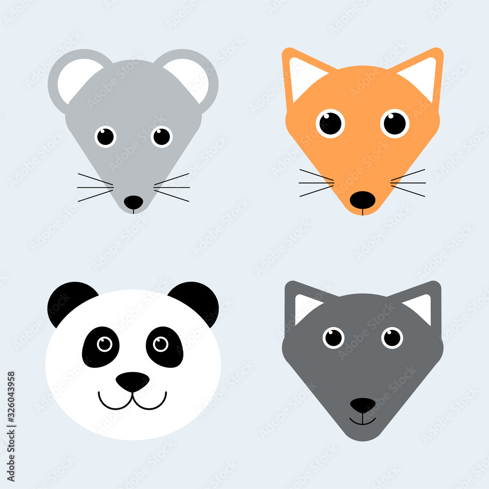 Cute animals. Cartoon animal faces. Mouse, fox, panda, wolf. Vector illustrations for kids t-shirt print design, poster, gift card Cute animals. Cartoon animal faces. Mouse, fox, panda, wolf. Vector illustrations for kids t-shirt print design, poster, gift card