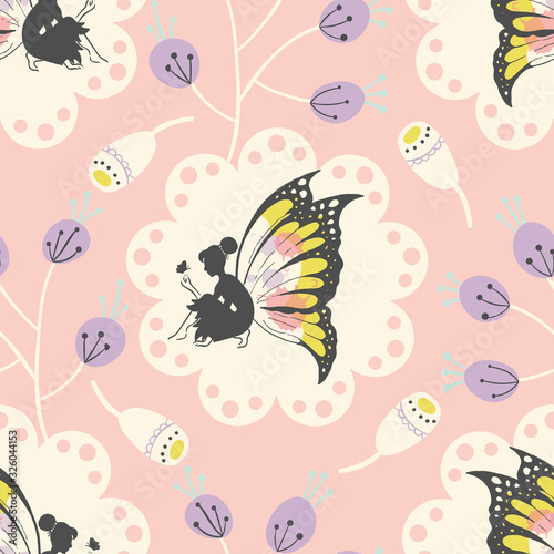 Lace and Pretty Fairies Whimsical Vector Seamless pattern