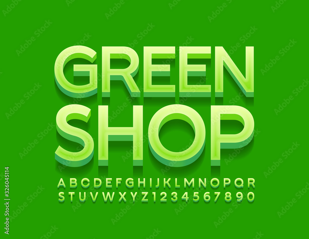Vector bright Logo Green Shop. Stylish 3D Font. Modern Alphabet Letters and Numbers. Vector bright Logo Green Shop. Stylish 3D Font. Modern Alphabet Letters and Numbers.
