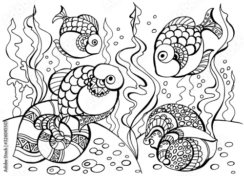 Coloring Page. Colouring picture with tropical fishes drawn in doodle lines style. Antistress freehand sketch drawing. Vector illustration. Coloring Book. EPS 8