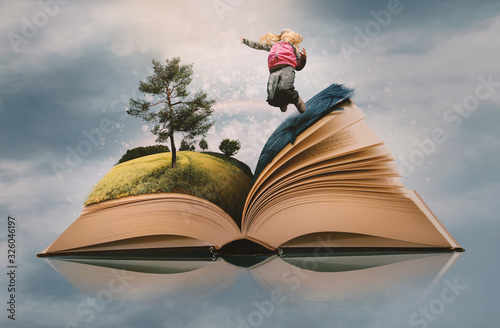 Open Book with Abstract Story on Pages - Landscape with Tree and Jumping Girl with Sky on Background. Creative Novel Concept.
