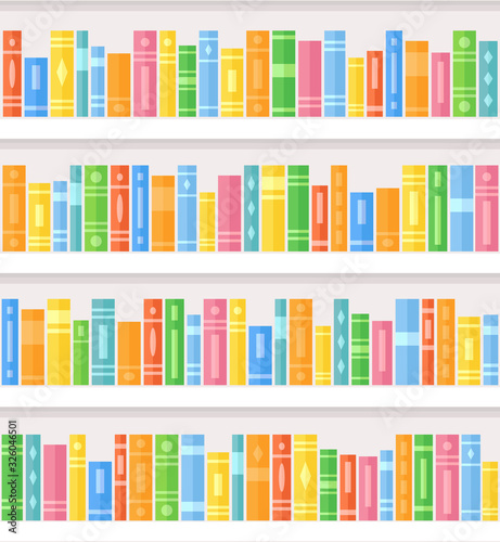 Seamless bookcase pattern with modern white bookshelves. Library bookstore background with rows of books. Flat vector illustration.