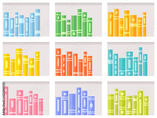 Seamless pattern with books on modern white shelves. Bookcase background for online library or bookstore. Flat vector illustration