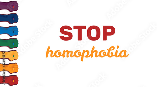 Stop homophobia banner template with border of fists on white background. 7 raised fists in rainbow colors on the left. Support lgbt concept. Flat style vector illustration. Fight. Design element