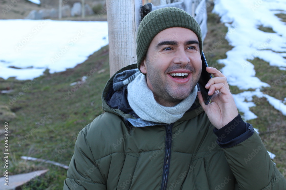 Man calling from snowy mountains Man calling from snowy mountains