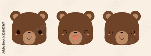 Set of cute brown bear cartoon icons. Flat vector illustration.