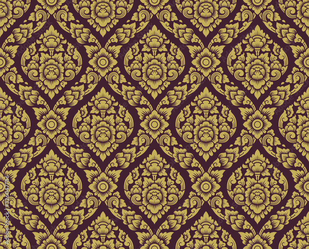 gold and brown lai thai pattern , Thai traditional background with lotus flower art design