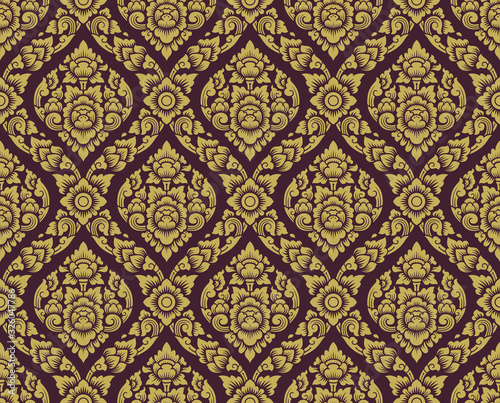 gold and brown lai thai pattern , Thai traditional background with lotus flower art design