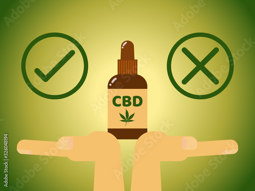Hand holding glass brown bottle with dropper of CBD oil with right advantages or wrong disadvantages symbol, flat design vector illustration.