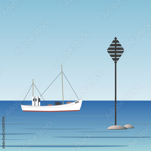 East Cardinal Mark and a Fishing boat. Sweden archipelago.  Vector Illustration