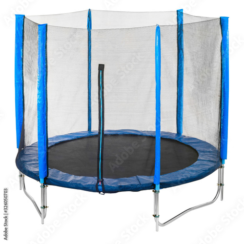blue trampoline with safety net on white background