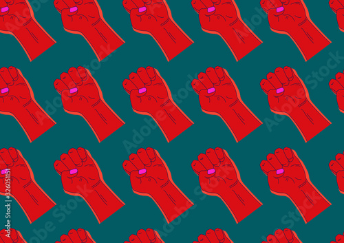 Raised fists flat vector seamless pattern.Vintage texture. Protest or revolution. Illustration in red and dark turquoise colors. Card template,textile,wallpaper design,wrapping paper or web background