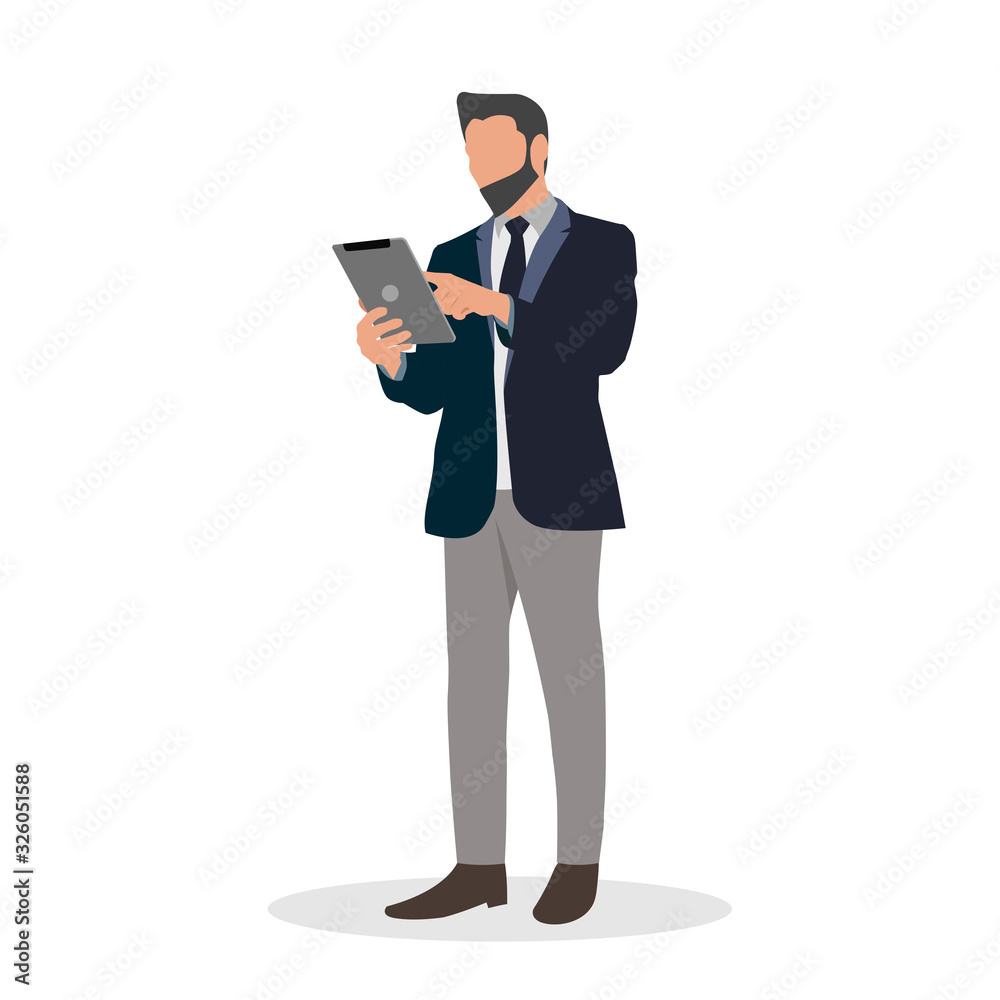 flat vector illustration people businessman watching ipad tablet. perfect to use for website, mobile apps and banner