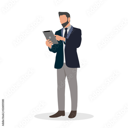 flat vector illustration people businessman watching ipad tablet. perfect to use for website, mobile apps and banner