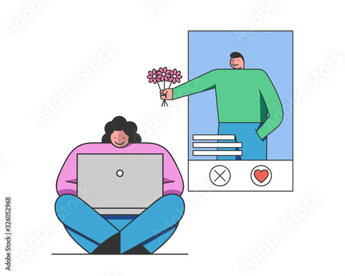 Virtual Dating And Relationships Concept. The Girl Is Chatting On the Internet With the Boy In Social Network. Cartoon Outline Linear Flat Vector illustration