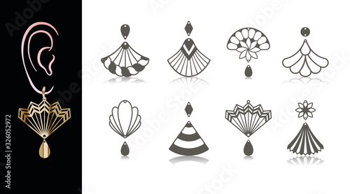 8 Earring Designs. Cutout jewellery with fan, flower, seashell, rope, bell. Template is suitable for creating fashion & charm women jewellery: earrings, necklace or bracelet. 