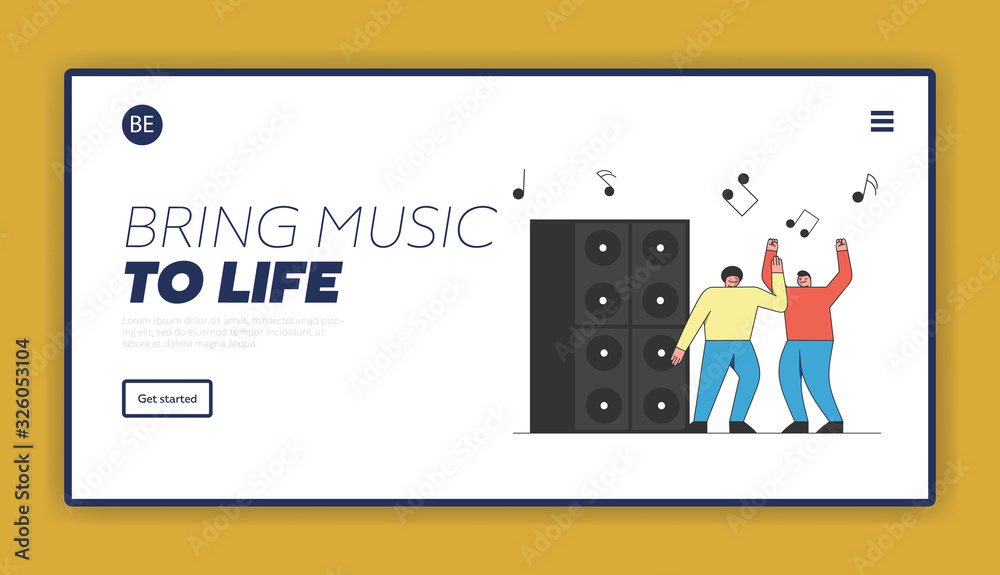 Dance Party Website Landing Page Concept. Two Men Having Fun And Dancing At Disco Music Club. Black Notes And Big Speakers On the Background. Web Page Cartoon Outline Linear Flat Vector illustration Dance Party Website Landing Page Concept. Two Men Having Fun And Dancing At Disco Music Club. Black Notes And Big Speakers On the Background. Web Page Cartoon Outline Linear Flat Vector illustration