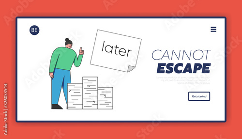 Concept of Procrastination, Deadline and Time Wasting. Website Landing Page. Woman Is Delaying the Paper Work For Later. Web Page Outline Linear Flat Vector Illustration