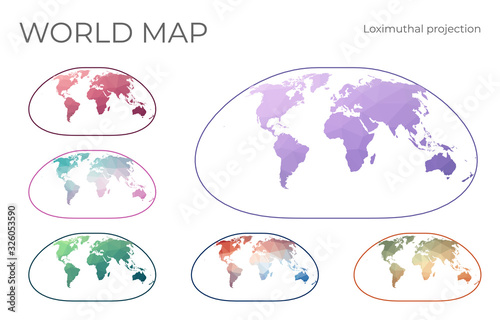 Low Poly World Map Set. Loximuthal projection. Collection of the world maps in geometric style. Vector illustration.