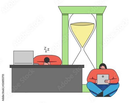 Concept of Deadline, Term and Time Waste. Procrastinating Businessman is Sleeping At Workplace. People Relax from Work in the Office. Outline Linear Flat Vector Illustration