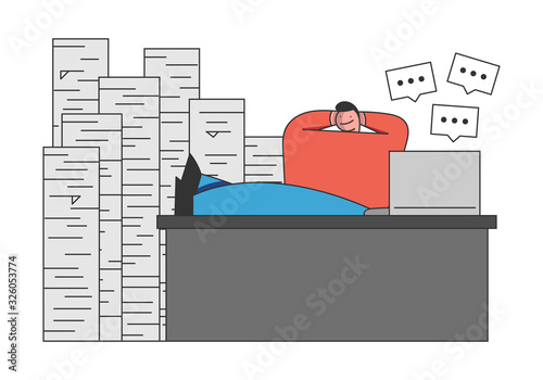 Concept of Term and Time Waste. Procrastinating Businessman Is Relaxing At Workplace Among Stacks Of Papers Putting Legs On The Table. Outline Linear Flat Vector Illustration