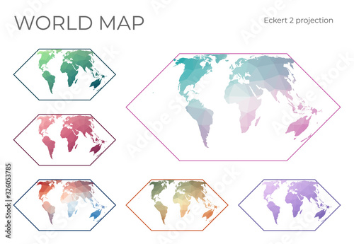 Low Poly World Map Set. Eckert II projection. Collection of the world maps in geometric style. Vector illustration.