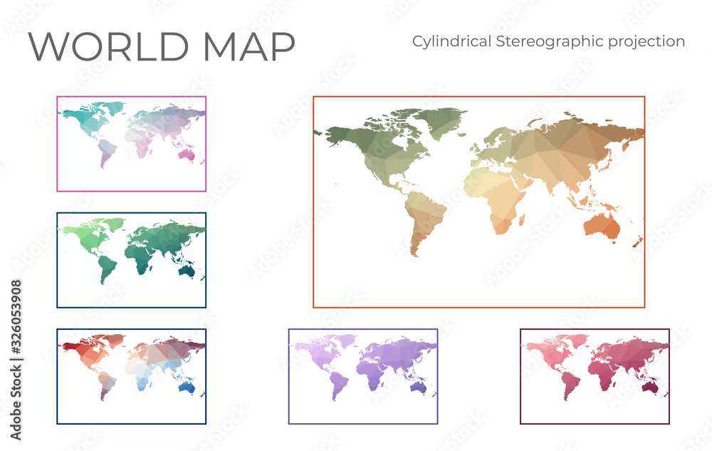 Low Poly World Map Set. Cylindrical stereographic projection. Collection of the world maps in geometric style. Vector illustration.