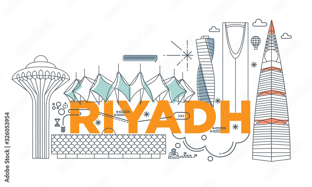 Typography word Riyadh branding technology concept. Collection of flat vector web icons. Saudi Arabian culture travel set, architectures, specialties detailed silhouette. Doodle famous landmarks.