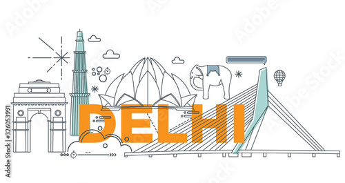 Typography word Delhi branding technology concept. Collection of flat vector web icons. Indian culture travel set, architectures, specialties detailed silhouette. Doodle famous landmarks.
