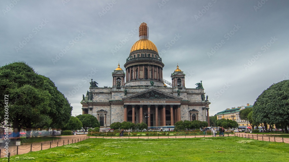 St. Isaac Cathedral timelapse  in Saint-Petersburg, Russia. Sityscape