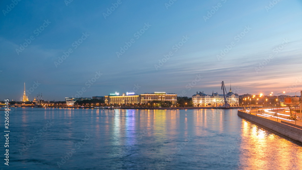 Nakhimov Naval School and the Peter and Paul Fortress, the view from the Liteyniy bridge without Aurora day to night timelapse. St. Petersburg
