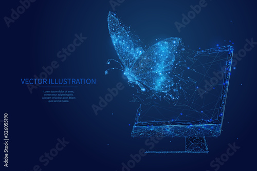 Butterfly flies out from pc monitor screen. Free internet or freelance work digital concept. Freedom. Low poly wireframe vector illustration. Polygons, particles and connected dots on blue background