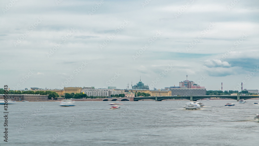 View of the Trinity Bridge in St. Petersburg over the Neva River timelapse.