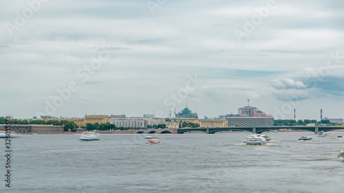 View of the Trinity Bridge in St. Petersburg over the Neva River timelapse. © neiezhmakov