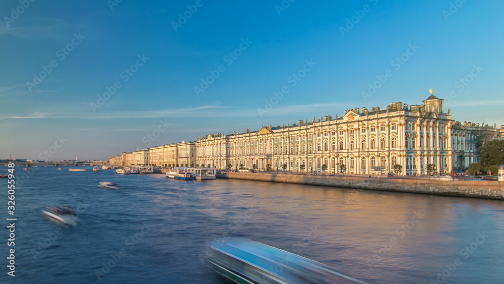 The winter Palace timelapse  and pier on the Palace embankment clear day in summer in Saint-Petersburg