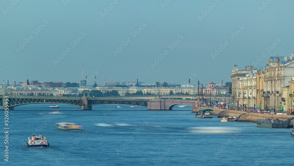Trinity bridge timelapse and pier on the Palace embankment clear day in summer in Saint-Petersburg