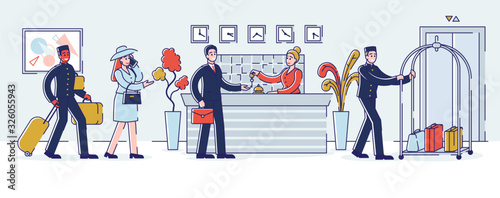 Hotel Service Concept. Visitors In The Queue. Receptionist Gives The Keys From Apartments To The Guest. Porters Help With Luggage. Cartoon Outline Linear Flat Vector illustration