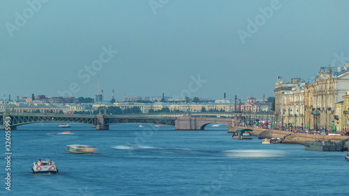 Trinity bridge timelapse and pier on the Palace embankment clear day in summer in Saint-Petersburg