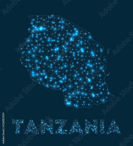 Tanzania network map. Abstract geometric map of the country. Internet connections and telecommunication design. Modern vector illustration.