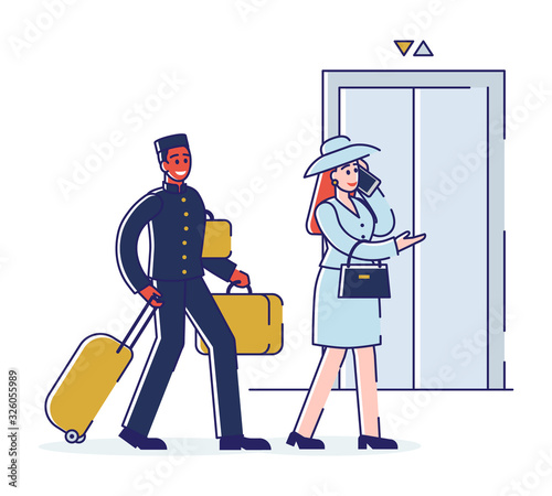 Hotel Service And Staff Concept. Porter is Escorting Business Woman To Apartments And Carrying Luggage. Cartoon Outline Linear Flat Vector illustration