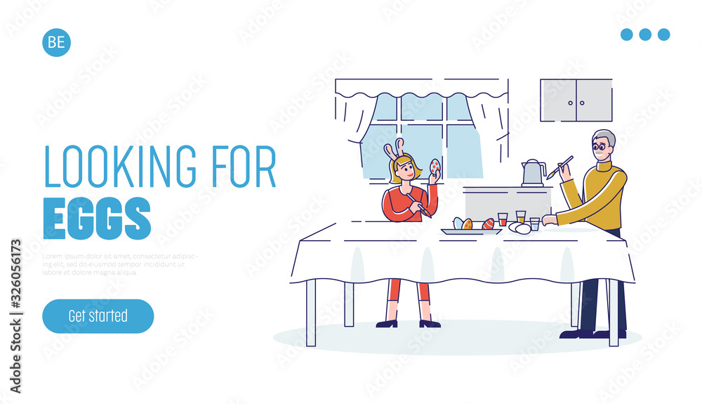 Happy Easter Concept. Website Landing Page. Father Decorating Easter Eggs With Daughter At Home. Process Of Preparing For the Holiday. Web Page Cartoon Outline Linear Flat Vector illustrations