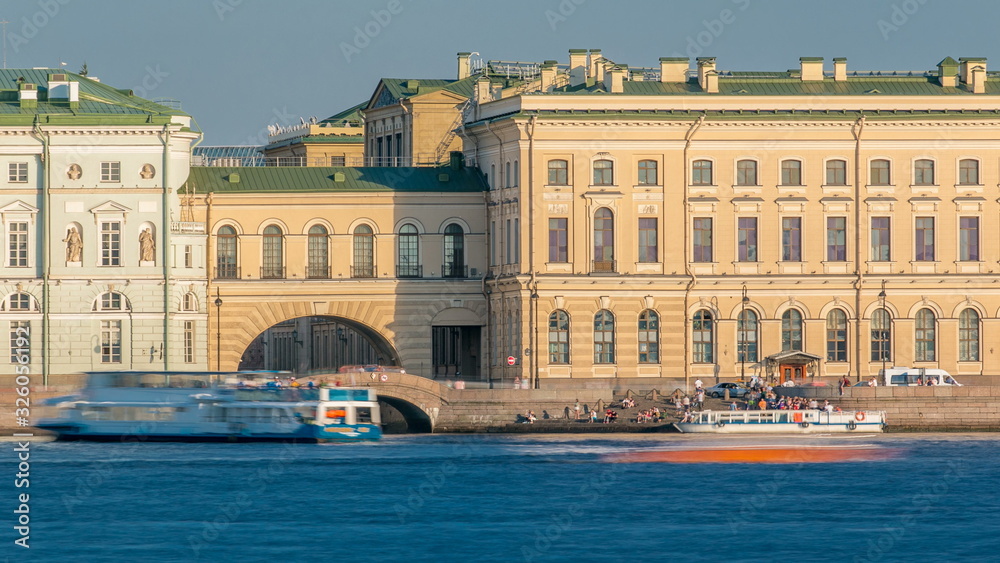People on the Hermitage Bridge and stairs near the Neva River timelapse.
