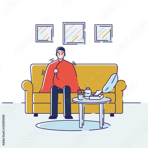 Health care and Common Cold Concept. Young Man Is Sitting At Home Wrapped In a Blanket With And Influenza Symptoms. Cartoon Outline Linear Flat Vector illustration
