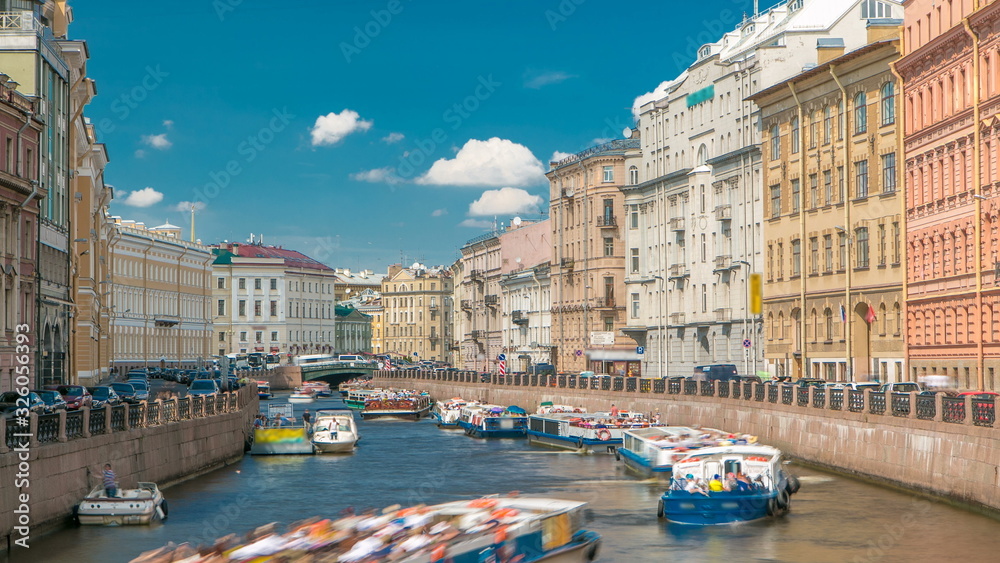 Traffic of touristic cruise boats on the Moyka River timelapse in Saint-Petersburg, Russia.