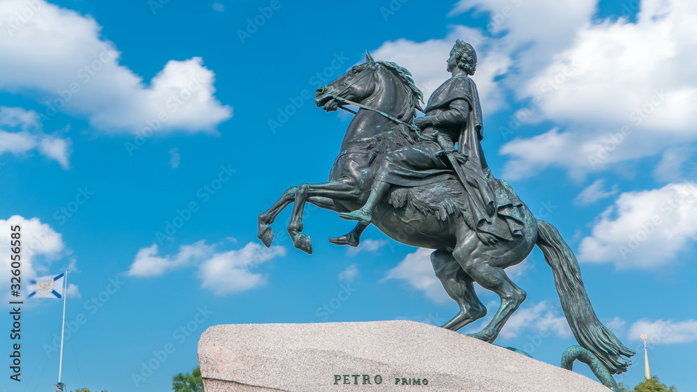 Monument of Russian emperor Peter the Great, known as The Bronze Horseman timelapse, Saint Petersburg , Russia