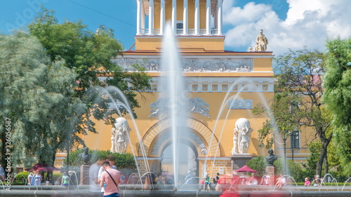 The fountain at the main entrance to the Admiralty building timelapse Sunny summer day in St. Petersburg