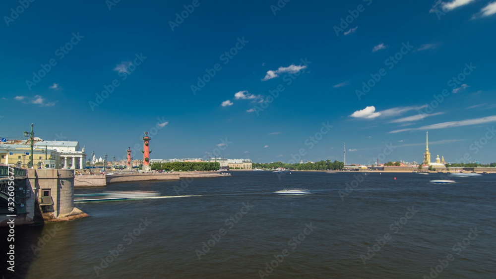 Strelka - Spit of Vasilyevsky Island with the Old Stock Exchange and Rostral Columns timelapse in Saint Petersburg, Russia