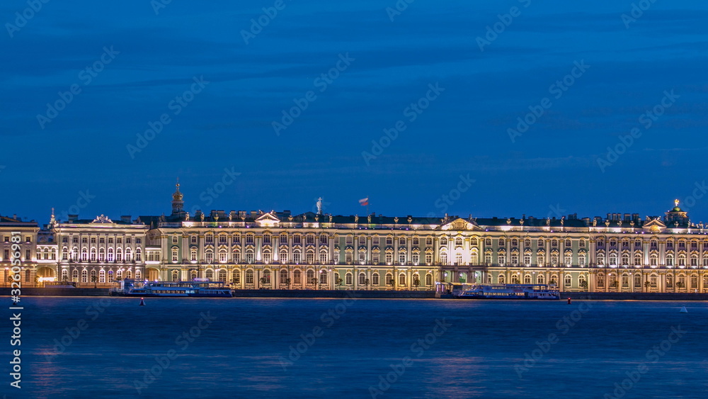 The Palace embankment and the Winter Palace timelapse June night. St. Petersburg, Russia