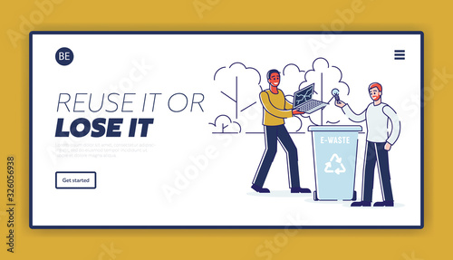 Recycling, Saving Ecology And Zero Waste Concept. Website Landing Page. People Are Throwing E Waste Into Recycle Bin. Web Page Cartoon Outline Flat Vector Illustration